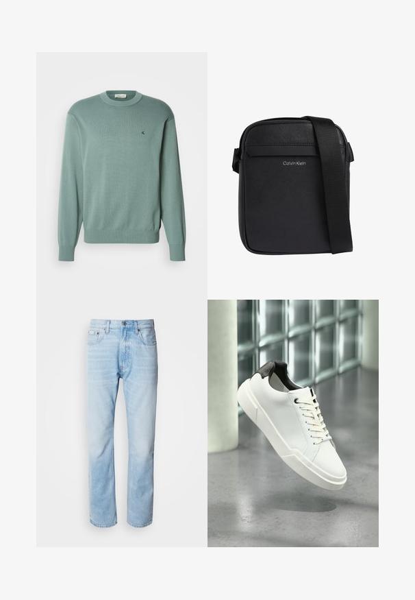 Lichtgroene gebreide trui met een ronde hals, lange mouwen en geribde manchetten. Heeft een klein logo op de borst. De textuur lijkt zacht.; Lichtblauwe denim jeans met een rechte pijp, met vervaagde delen, vijf-pocket ontwerp en een klassieke knoopsluiting.; Witte lage sneaker met zwarte, gestructureerde hielkap, witte veters en dikke zool op een gepolijste betonnen vloer nabij glazen blokken.; Zwarte Calvin Klein crossbodytas met een gestructureerd oppervlak en verstelbare schouderriem.