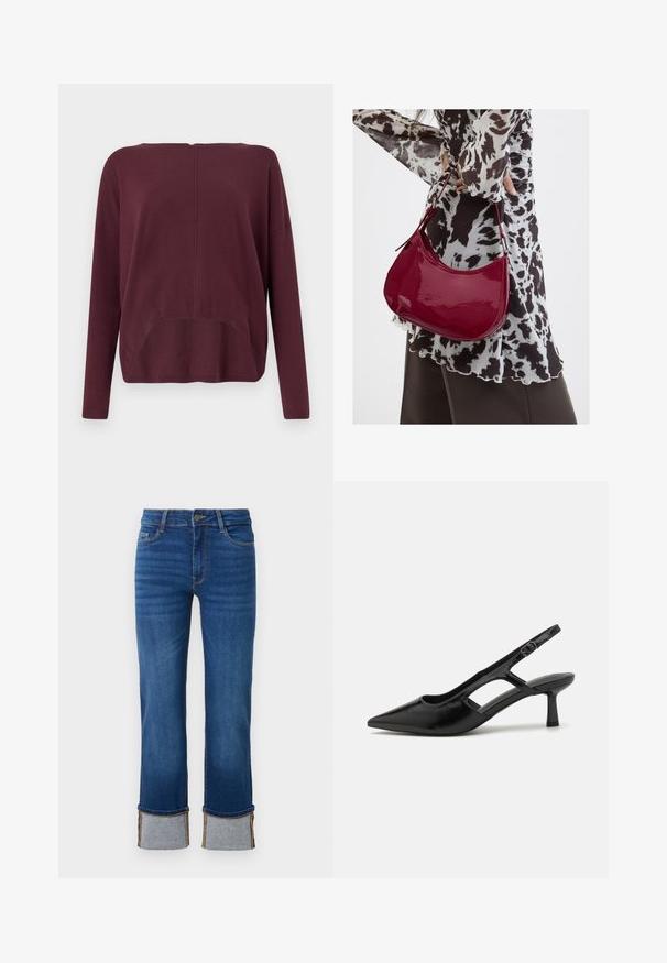 Vero Moda Knitted VMBREEZE Knitted - Trui - winetasting; Blauwe denim jeans met een rechte pijp, voorzien van opgerolde manchetten in lichtgrijs. Middenhoogte taille en traditionele vijf-pocketdesign.; Zwarte slingback hakken met een spitse neus, gemaakt van glanzend materiaal, met uitsnijdingen en een gematigde hak voor ondersteuning.; Vrouw met een zwart-wit gebloemde blouse houdt een glanzende rode schoudertas vast tegen een effen achtergrond.