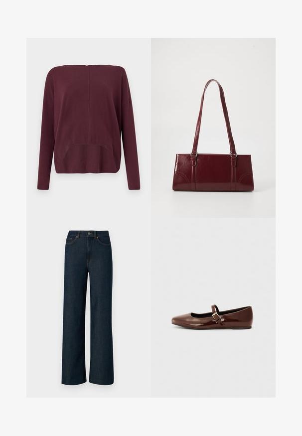 Vero Moda Knitted VMBREEZE Knitted - Πουλόβερ - winetasting; Φαρδιά μισά παντελόνια από σκούρο μπλε τζιν με αντίθετες πορτοκαλί ραφές, πέντε τσέπες και κλείσιμο με κουμπί. Λείο υφασμάτινο υλικό.; Καφέ πατεντα δερμάτινη μπαλαρίνα με τετράγωνη μύτη και λουράκι που διαθέτει μια μικρή χρυσή πόρπη. Λείος υφή, χαμηλό τακούνι και μινιμαλιστικός σχεδιασμός.; Μπορντό τσάντα ώμου από γυαλιστερό υλικό, ορθογώνιο σχήμα, με δύο ιμάντες ώμου και λεπτές καμπύλες λεπτομέρειες στο μπροστινό μέρος.