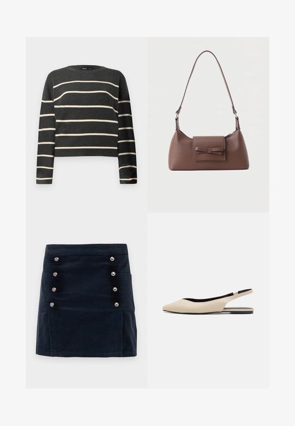 Jersey de punto gris oscuro de manga larga con rayas horizontales crema y un cuello redondo.; Falda de pana azul marino con forma recta, cinco botones metálicos en la parte delantera y dos bolsillos laterales para funcionalidad.; Bailarinas de piel beige con tiras traseras y puntera puntiaguda, diseño minimalista, textura suave y suela negra baja.; Bolso bandolera de cuero marrón con un bolsillo frontal de solapa que presenta un detalle de moño cosido y una correa ajustable.