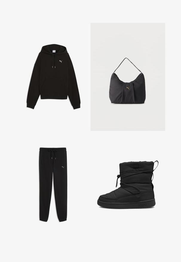 Sort Puma hættetrøje med lange ærmer, forlomme, snore og hvidt Puma-logo på brystet.; Sorte Puma-sweatpants med elastisk talje, snøre, sidelommer, tilspidsede ben og lille sølv Puma-logo på venstre lår.; Sort isoleret støvle med en kviltet struktur, elastisk snøre lukning, polstret kant og en gummisål med et minimalistisk logo.; Sort skuldertaske med tekstur og folder, et enkelt håndtag og et lille gyldent Puma-logo centreret på forsiden.