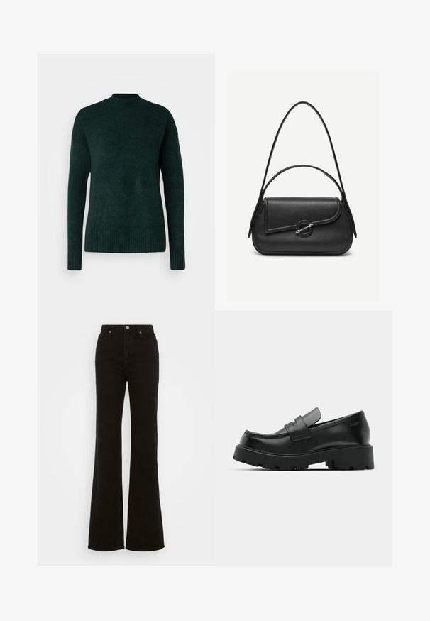 Vero Moda Tall VMLEFILE BOXY - Svetrík - scarab melange; Čierne riflové nohavice s vysokým pásom a rozšírenými nohavicami, s gombíkovým zapínaním, bočnými vreckami a hladkou textúrou.; Čierne kožené mokasíny s hrubou štruktúrovanou podrážkou, so strapcom cez priehlavok a hladkým, lesklým povrchom.; Čierna kožená kabelka s zaoblenými hranami, asymetrickým klopou, kovovou okrúhlou zapínacou sponou a krátkymi aj dlhými ramennými popruhmi.