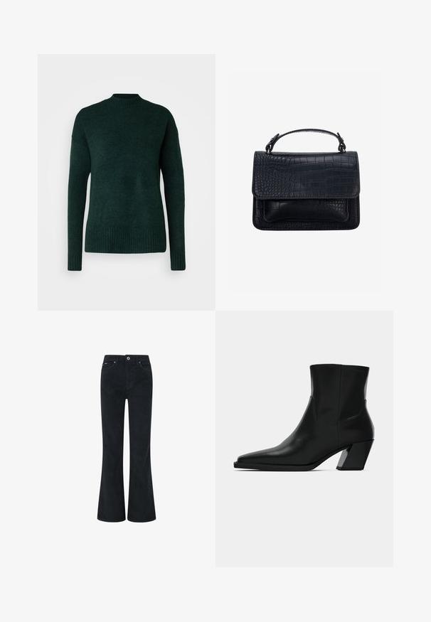Vero Moda Tall VMLEFILE BOXY - Pullover - scarab melange; Pantalons en velours côtelé noir évasés avec fermeture à bouton et à glissière, dotés de deux poches avant et d'une texture lisse. Design à jambe droite.; Bottine en cuir noir avec un bout pointu, une silhouette élégante et un talon carré massif. Texture lisse avec des détails de couture minimalistes.; Sac à main noir avec texture crocodile, forme rectangulaire, rabat supérieur et une seule poignée courte.