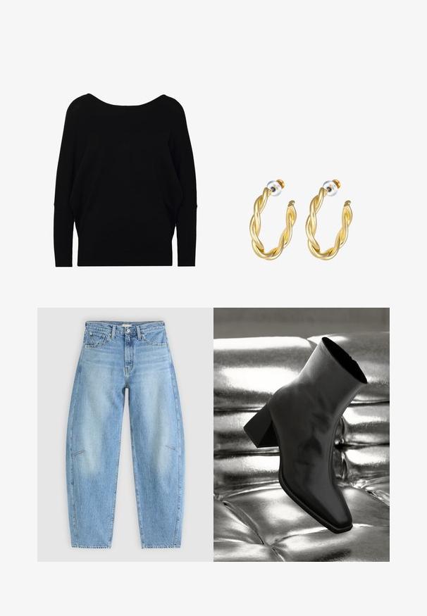 Sort oversized sweater med en bred halsudskæring, rummelige skuldre og lange ærmer. Fremstillet af blødt stof med en glat overflade og minimal sømdetaljering.; Lyseblå denimjeans med en afslappet pasform, der har høj talje, lige ben og diskrete syninger på frontlommen.; Sorte ankelstøvler lavet af glossy materiale med firkantet tå og spidse hæle, sat mod en skinnende sølv tuftet baggrund.; Guld snoede hoops øreringe med en glat overflade, der har en transparent baggrund og hardware i guldtoner.