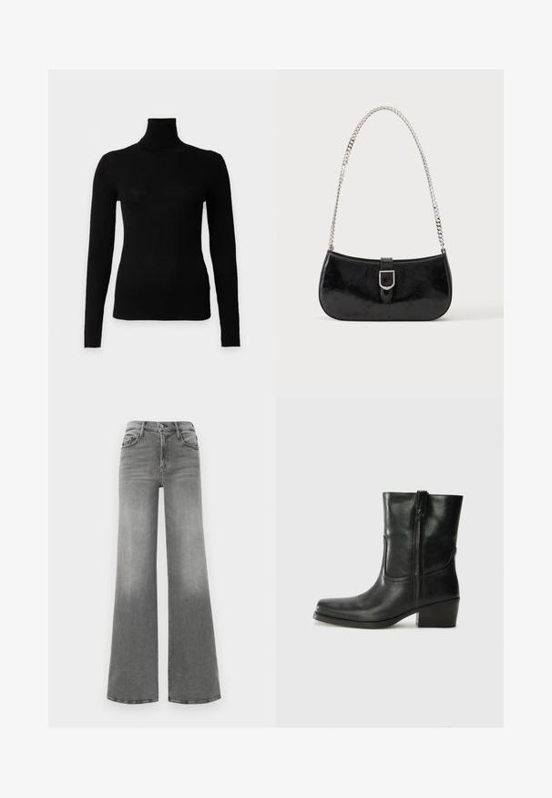 Sort ribbet langærmet rullekravesweater med tætsiddende silhuet på ensfarvet hvid baggrund.; Grå vide ben jeans lavet af denim. Har en høj talje, fire lommer og en let blegd effekt foran for ekstra tekstur.; Sort læder ankelstøvle med rundt tå, blokhæl, lynlås i siden og stikninger på vampsiden. Glat tekstur, klassisk design.; Sort skuldertaske i laklæder med sølv spænde og sølv kæderem, vist mod en ensartet lys baggrund.