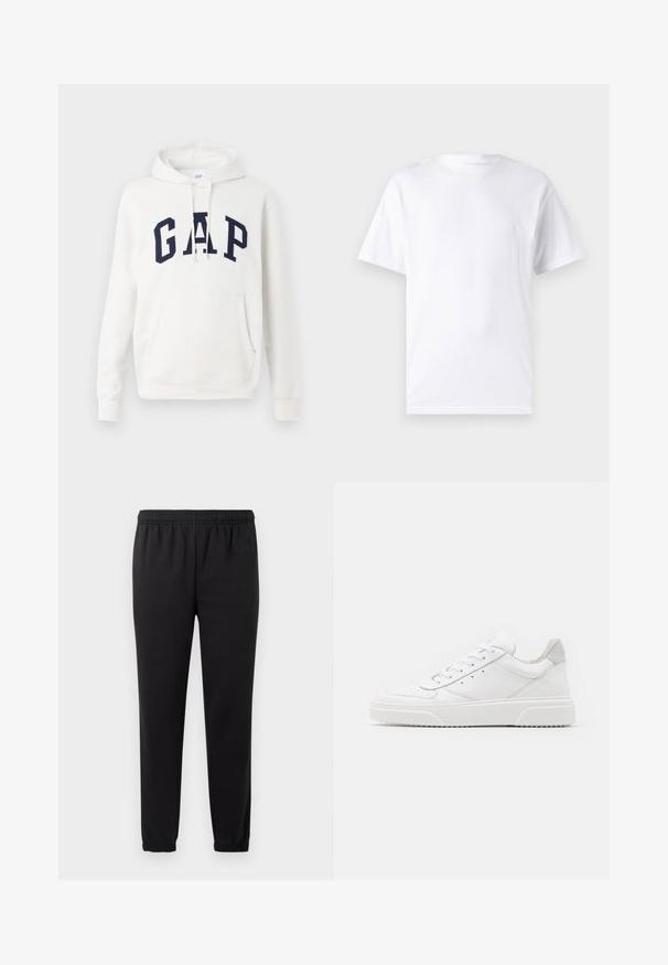 Weißer Hoodie mit einer Kängurutasche und dunkelblauen "GAP"-Buchstaben auf der Brust, ausgestattet mit verstellbaren Schnürsenkeln an der Kapuze.; Weißes kurzärmeliges T-Shirt aus Baumwolle mit Rundhalsausschnitt, das eine glatte Textur und ein einfaches Design ohne Muster oder Akzente aufweist.; Schwarze Jogginghose mit elastischem Bund, schmal zulaufenden Beinen und strukturiertem Stoff. Verfügt über ein dezentes Logo-Detail auf der linken Seite.; Weiße Leder-Sneaker mit glatter Oberfläche, rundem Zehenbereich, flachen Schnürsenkeln und strukturiertem Schuhsohlen. Graues Wildleder-Detail an der Ferse.