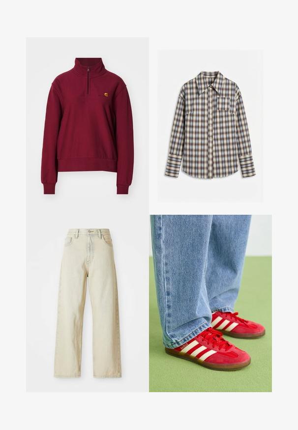 Carhartt WIP AMERICAN HIGH NECK - Sudadera - malbec; Camisa de manga larga a cuadros con botones, en tonos azul, marrón y crema, con un bolsillo delantero en el pecho, colocada plana sobre una superficie blanca.; Jeans de denim de pierna ancha en un tono beige claro, con bolsillos frontales, una cintura alta y sutiles detalles de costura. Hechos de una tela de denim texturizada.; Zapatillas de ante rojas con tres rayas blancas, punta redonda y suela texturizada, combinadas con jeans de mezclilla azul claro sobre un fondo verde.