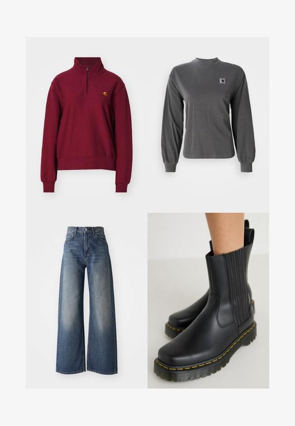 Carhartt WIP AMERICAN HIGH NECK - Sudadera - malbec; Camiseta de manga larga gris hecha de algodón, con cuello redondo y puños elásticos, que cuenta con un pequeño logo cuadrado en el pecho.; Jeans de cintura alta, anchos y de pierna amplia en color azul, con botón en la parte frontal y bolsillos, textura desgastada en los muslos y dobladillo recto.; Botas negras hasta el tobillo con un acabado mate y suave. Presentan costuras verticales, una suela gruesa con costuras amarillas y una lengüeta en la parte posterior.