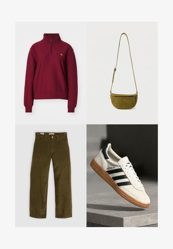 Carhartt WIP AMERICAN HIGH NECK - Sudadera - malbec; Pantalones de pana verde oliva con un diseño de pierna recta, que cuentan con bolsillos frontales y un cierre de botones, mostrando una textura acanalada vertical.; Zapatilla de ante blanca con franjas en azul marino, suela de goma, parte superior texturizada, puntera redonda y cordones; presenta una marca en el lateral y en la lengüeta.; Bolso bandolera de ante verde oliva con correa ajustable y bolsillo frontal con cremallera sobre fondo blanco liso.