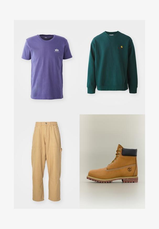 Sudadera verde oscuro de algodón, con cuello redondo acanalado, mangas largas y un pequeño logo de Carhartt en el pecho.; Camiseta morada de manga corta y cuello redondo con pequeño logo blanco de Alpha Industries en el pecho izquierdo sobre fondo blanco.; Pantalones cargo beige hechos de una mezcla de algodón. Presentan múltiples bolsillos, piernas rectas y un cierre de botón en la cintura.; Bota de tobillo de cuero marrón con cuello negro, cordones amarillos y suela beige. Presenta un logotipo y detalles de costura blanca. Suela exterior con tracción robusta.