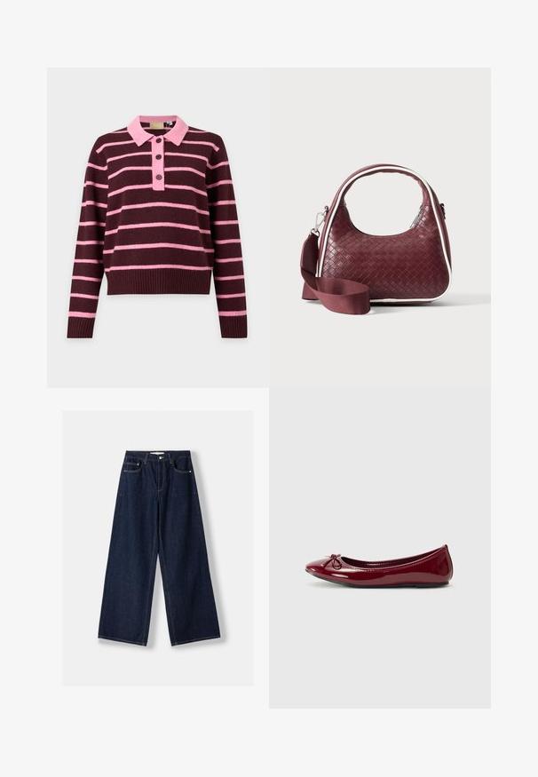 Pull en maille manches longues avec base bordeaux et rayures horizontales roses, doté d’un col rose et d’une patte de boutonnage à trois boutons.; Jean en denim bleu foncé à jambes larges avec fermeture avant par bouton et zip, poches avant et passants pour ceinture, posé à plat sur un fond blanc.; Ballerines en vernis bordeaux brillant, avec un bout arrondi et un petit nœud sur le devant. Texture lisse, petit talon.; Sac à main en cuir tressé marron foncé avec poignée courbée, garniture blanche, fermeture éclair argentée et bandoulière large en tissu amovible sur fond uni.