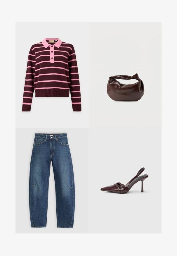 Gebreide trui met lange mouwen en een kastanjebruine basis met horizontale roze strepen, voorzien van een roze kraag en een knoopsluiting met drie knopen.; Donkerblauwe denim jeans met een recht afgesneden ontwerp, voorzien van voorzakken, contrasterende stiksels en een subtiele vervaagde textuur op de broekspijpen.; Bordeauxrode lakleren slingback met puntige neus, dunne enkelband en kleine decoratieve gespsluiting. Gladde textuur en hoge hak.; Donkerbruine leren schoudertas met een zachte, slungelige vorm en een gedraaide knoopvormige handgreep op een effen witte achtergrond.