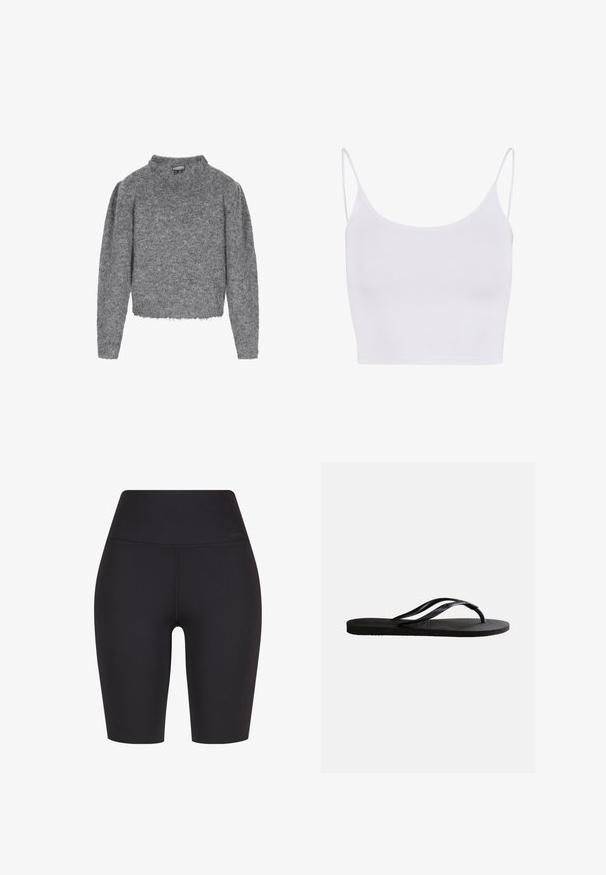 Blød, fuzzy grå langærmet cropped sweater med rund hals og let frynset kanter, isoleret på hvid baggrund.; Hvid top med spaghettistropper, tætsiddende design og en glat, strækbar tekstur uden mønstre eller pynt.; Højtaljede sorte cykelsjorts lavet af strækbart stof, med et sømløst design og subtil branding nær taljen.; Sort gummiflip-flop sandal med tekstureret fodseng og tynde Y-formede remme på en ensartet hvid baggrund.