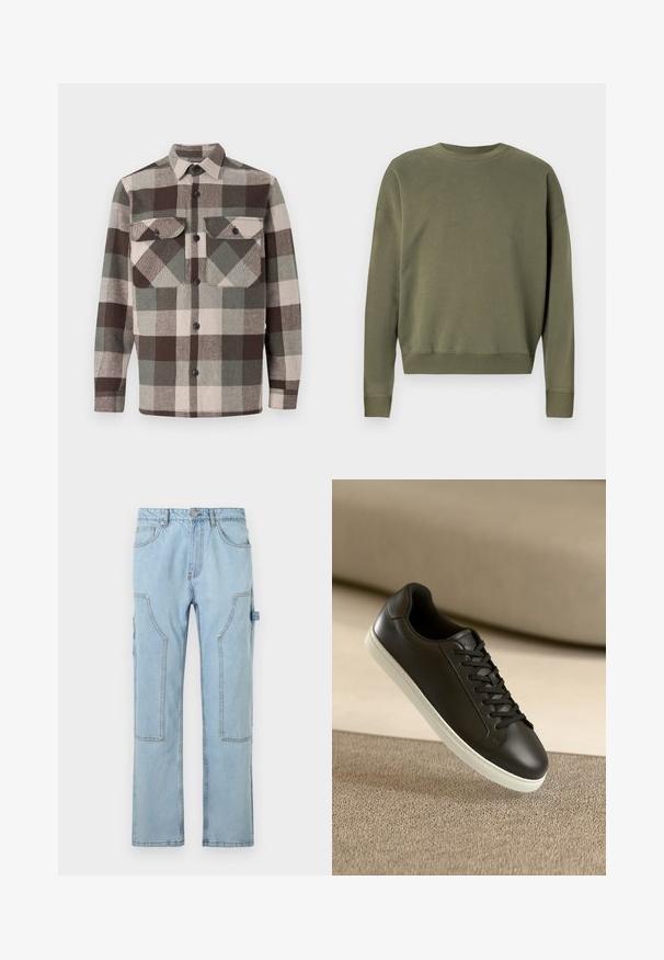 En enkel olivengrøn crewneck sweatshirt med lange ærmer og ribbede manchetter og kant, præsenteret på en neutral baggrund.; Rute skjorte i brune, grønne og beige nuancer. Har krave, to brystlommer og knaplukninger foran. Tekstureret stof.; Lysblå denim cargo bukser med lige ben, der har store sidelommer, kontrastfarvet syninger og knaplukning i taljen.; Sort lædersneaker med hvid gummisål og sorte snørebånd, placeret mod en beige stofoverflade og baggrund.