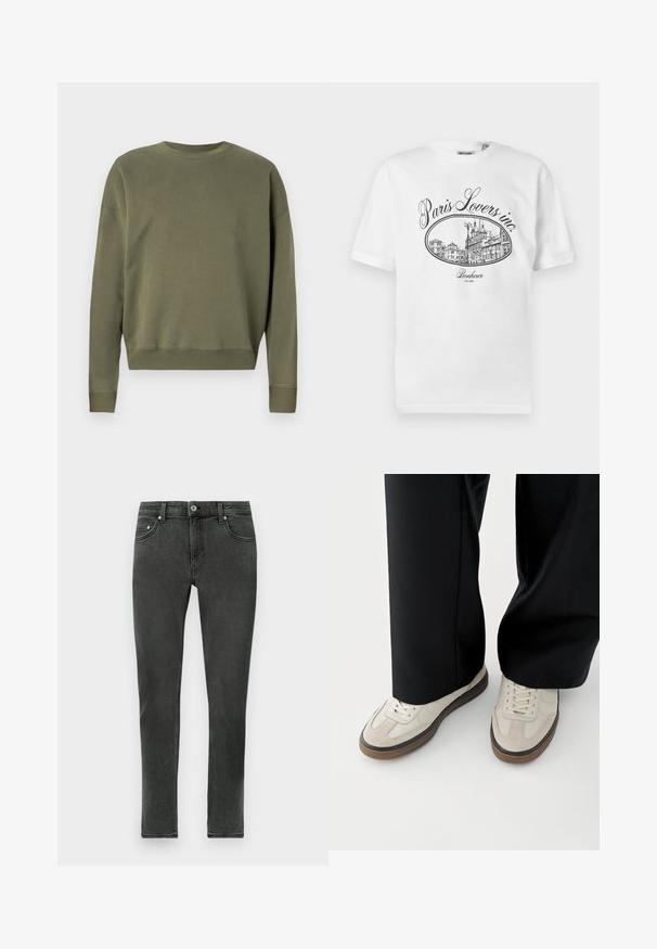 Sweatshirt uni vert olive à col ras du cou, avec des manches longues et des bords côtes aux poignets et à l'ourlet, présenté sur un fond neutre.; T-shirt en coton blanc avec une illustration noire représentant un paysage urbain parisien, accompagné du texte "Paris Lovers inc." et "Bonheur EST.1992."; Jean skinny gris foncé en denim à la texture lisse, présentant un fermeture à boutons classique et un design standard à cinq poches.; Pieds portant des baskets beige avec des semelles marron et un pantalon noir à jambes larges sur fond blanc.