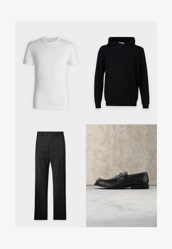 Sweat à capuche noir à manches longues avec couture centrale à l'avant et poignets et ourlet côtelés, présenté sur un fond gris clair uni.; T-shirt blanc à manches courtes et col rond avec petit logo GUESS embossé sur le côté gauche de la poitrine, présenté sur un fond clair uni.; Pantalon de costume noir sur mesure avec passants de ceinture, poches avant et un pli sur chaque jambe, présenté à plat sur fond blanc.; Mocassin en cuir noir avec une plaque de marque en métal reposant près d'une table ronde marron sur un sol recouvert de moquette beige.