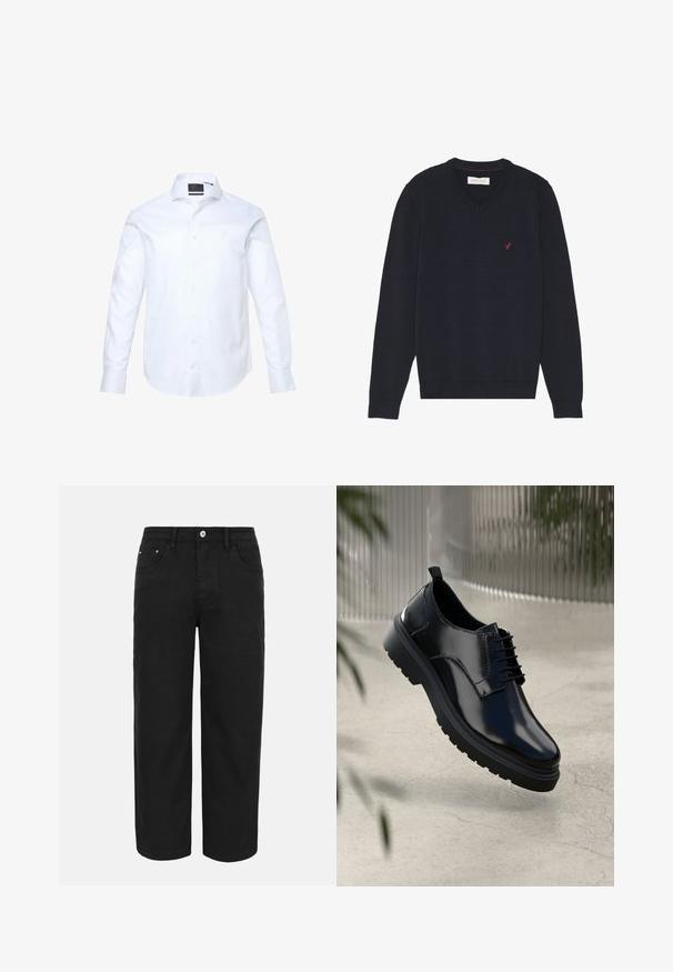 Marineblå V-hals sweater med lange ærmer, ribbede manchetter og kant samt et lille rødt fuglelogo på venstre bryst.; Hvid langærmet skjorte lavet af glat stof, med knaplukning foran, spids krave og diskret "JP" broderi på brystet.; Sorte bukser med lige ben, forrest med knap- og lynlåslukning, bæltestropper og tre forlommer på en ensfarvet lys baggrund.; Sorte lædersko med en blank overflade, rund tå, snøredesign, kontrastsyninger og en tyk gummisål med mønster.