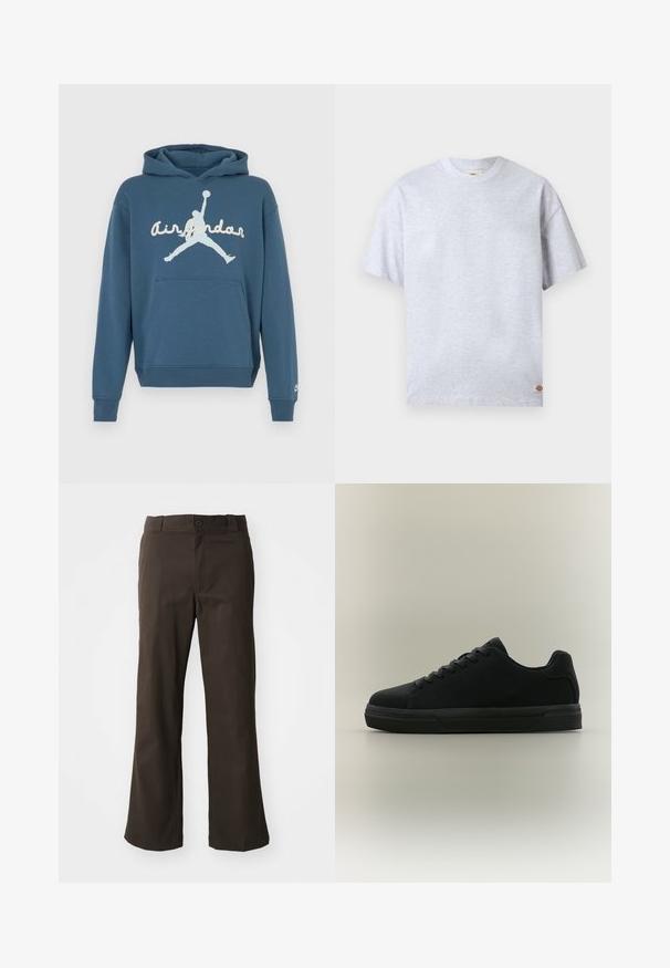 Sinine puuvillane kapuutsiga dressipluus taskuga, soonikkoes mansettide ja äärega. Kaunistuseks suur valge "Air Jordan" logo koos silueti graafikuga.; Lahtine helehall lühikeste varrukatega ümara kaelusega T-särk, mille alumises paremas ääres on väike ristkülikukujuline logosilt.; Pruunid, laienevad püksid siledast kangast, millel on ees nuppude sulgemine ja külgedel taskud. Lihtne ja sirge disain.; Must tossav jalats paelte, kummist tallaga ja siledapinnaline, küljelt nähtav neutraalsel taustal.