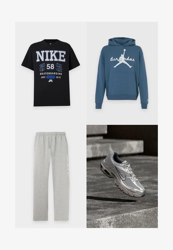Sininen puuvillainen huppari kengurulokeroilla, resorit hihansuissa ja helmassa. Etuosassa suuri valkoinen "Air Jordan" -logo siluettikuvalla.; Mustat puuvillapaidat, joissa on voimakkaat valkoiset ja siniset tekstit, grafiikat "Nike 58 Skeittaus", pyöreä kaula-aukko ja lyhyet hihat.; Harmaat collegehousut pehmeästä materiaalista, joissa on joustava vyötärönauha. Yhdellä lahkeella on valkoinen "JUST DO IT" -teksti ja Nike-swoosh-logo.; Hopea ja harmaa Nike-juoksukenkä roikkuu ilmassa betonisten portaiden yläpuolella, esittäen verkkomateriaalista pintaa ja pehmustetun pohjan yksityiskohtia.