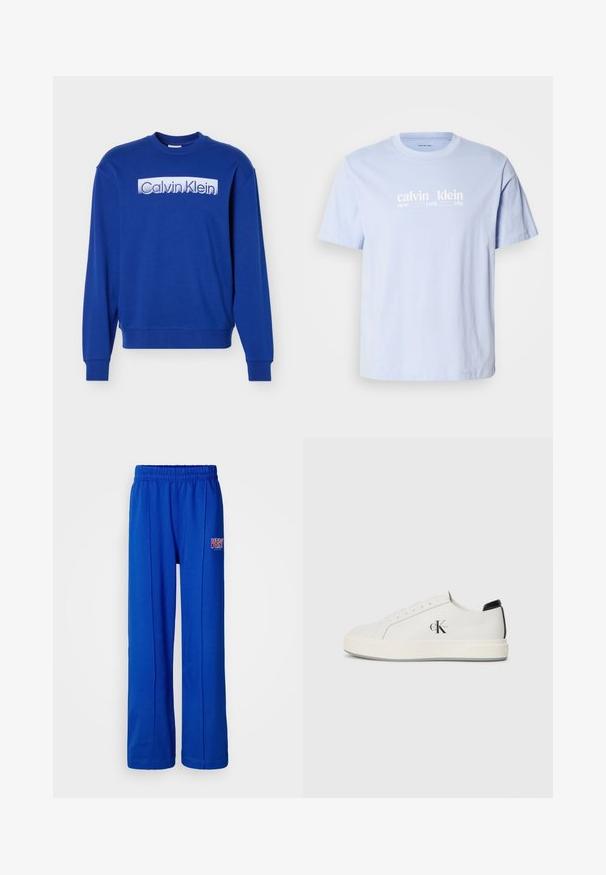 Blå langærmet sweatshirt med rund hals, med "Calvin Klein"-logo i hvid bloktekst på brystet.; Lyseblå bomuld T-shirt med rund halsudskæring, med hvidt tekstprint "calvin klein new york city" tværs over brystet. Korte ærmer.; Lyseblå elastiske sweatpants med lige ben og et lille rødt og hvidt "VERY" logo på højre lår.; Hvide lædersneakers med rund tå, flad gummisål og sort hælaccent. Har et fremtrædende sort Calvin Klein-logo på siden.