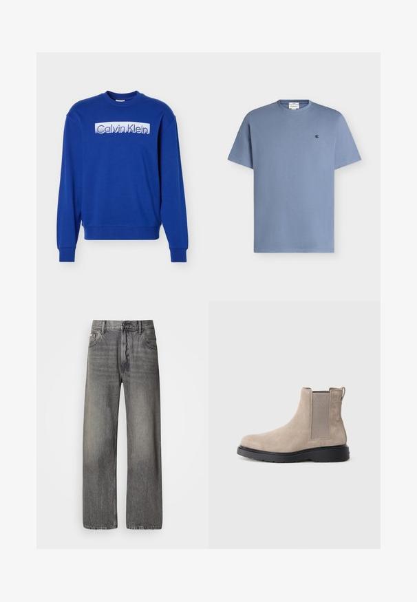 Blå langærmet sweatshirt med rund hals, med "Calvin Klein"-logo i hvid bloktekst på brystet.; Lyseblå kortærmet bomuld t-shirt med rund hals og lille sort "cK" logo på venstre bryst.; Vide bukser i mørkegråt denim med en falmet finish. Har klassisk fem-lomme design og bæltestropper.; Beige ruskinds Chelsea-støvle med elastiske sidepaneler, en pull-tab og en sort gummisål. Slankt design med rund tå.