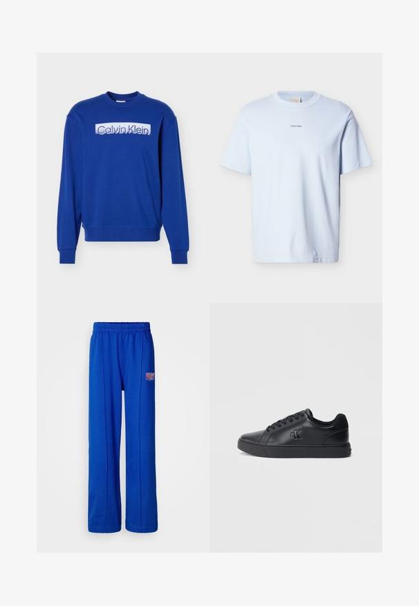 Blå langærmet sweatshirt med rund hals, med "Calvin Klein"-logo i hvid bloktekst på brystet.; Lyseblå bomuld T-shirt med rund hals og korte ærmer, med en lille "Calvin Klein"-logo trykt i sort på brystet.; Lyseblå elastiske sweatpants med lige ben og et lille rødt og hvidt "VERY" logo på højre lår.; Sorte lædersneakers med snørebånd, gummisål og præget logo på siden, der har en glat tekstur og minimalistisk stil.