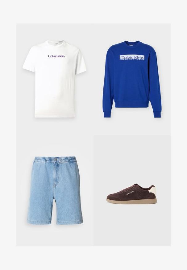 Sudadera azul de manga larga con cuello redondo, con el logo "Calvin Klein" en texto blanco en bloque en el pecho.; Camiseta de algodón blanca con cuello redondo, mangas cortas y un logo morado de "Calvin Klein" impreso en el pecho.; Pantalones cortos de mezclilla azul claro con cintura elástica, cierre frontal con botón, bolsillos laterales y un diseño de corte recto. Longitud a mitad del muslo.; Zapatillas de ante marrón con un acento en el talón de color beige claro, presentan un logotipo blanco en el lateral, punta redonda y suela de goma beige.