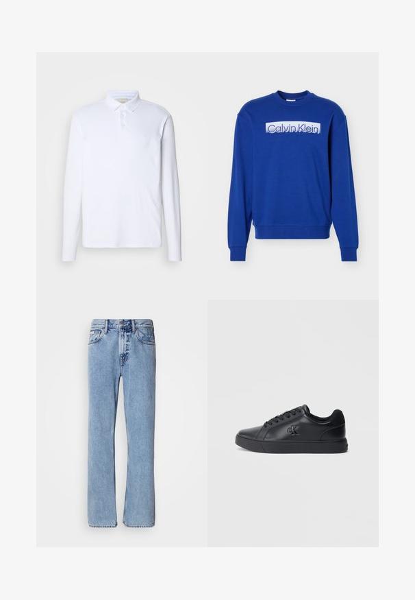 Blå langærmet sweatshirt med rund hals, med "Calvin Klein"-logo i hvid bloktekst på brystet.; Langærmet hvid polo-shirt lavet af blødt stof, med en klassisk krave, tre knaplukninger og et diskret logo på brystet.; Lyseblå denimjeans med lige ben design, fem lommer og knaplukning. Syninger nær lommer og talje.; Sorte lædersneakers med snørebånd, gummisål og præget logo på siden, der har en glat tekstur og minimalistisk stil.