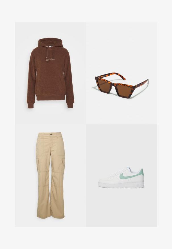 Brauner Kapuzenpullover aus strukturiertem Stoff, mit einer Vordertasche und Zugbändern. Besticktes Logo in hellerer Farbe.; Hollister Co. BAGGY - Cargohose - khaki; Weiße Leder-Sneaker mit einem mintgrünen Nike-Swoosh und Ferseneinsatz, strukturiertem Außensohlen und klassischem Schnürdesign.; Braungetönte Sonnenbrille mit Schildpattmuster, eckigem Rahmen und schlanken Bügeln. Hergestellt aus leichtem Kunststoffmaterial.