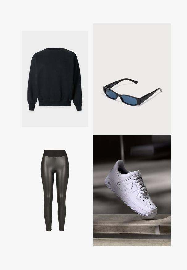 Sort langærmet crewneck-sweatshirt med ribbet manchet og kant, vist på en lysegrå baggrund.; Sorte højtaljede leggings i kunstlæder med en glat, skinnende finish og ankellængde på en hvid baggrund.; Hvid Nike Air Force 1 sneaker svævende over en betonoverflade med skygger i et minimalistisk miljø.; Sorte solbriller med en slank rektangulær ramme og blå linser. Har en glat overflade og robuste stænger. Mærkets logo på siden.