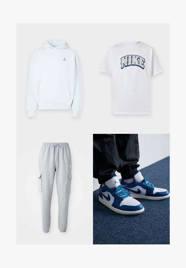 Hele sinine kapuutsiga pusa, mis on tehtud pehmest kangast, millel on kängurutasku, paelaga kapuuts ja väike must Jumpmani logo rinnal.; Valge lühikeste varrukatega T-särk, millel on suur kaarduv "NIKE" tekst jämedate, ääristatud tähtedega, rinna keskel.; Hallid hallid dressipüksid, mis on valmistatud pehmest kangast ja millel on elastne vöökoht koos nööridega, kaks külgset kottide taskut ja kitsenevad sääred.; Nike Air Jordan tennisijalad on valge nahast alus siniste sünteetiliste detailidega, aukudega varbakoht ja sinised paelad.