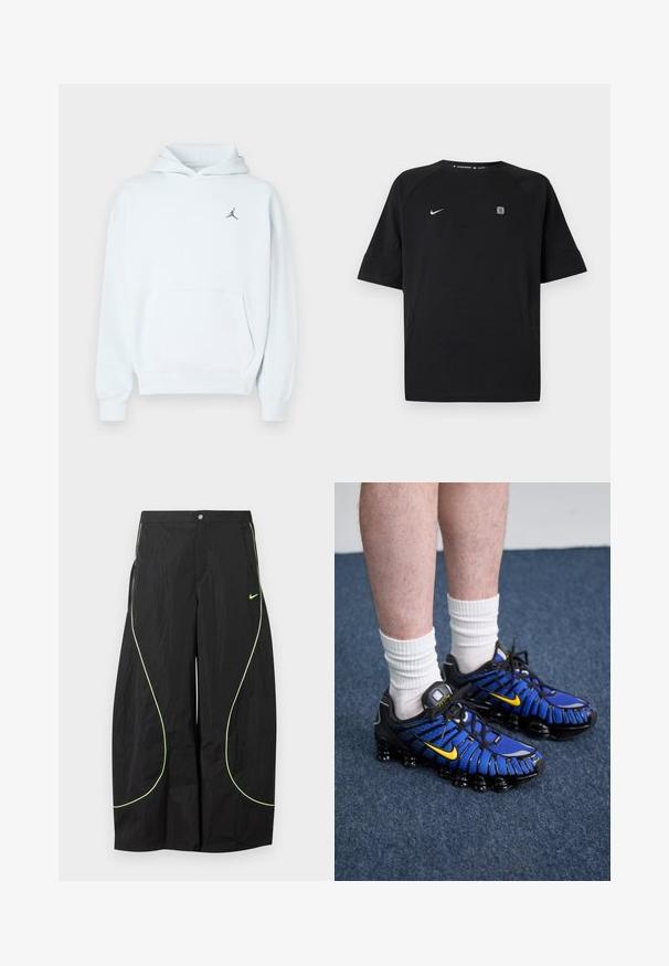 Lyseblå hættetrøje lavet af blødt stof med kengurulomme, snøre i hætten og et lille sort Jumpman-logo på brystet.; Sort Nike sportstrøje med korte ærmer med hvid swoosh-logo på venstre bryst og lille firkantet emblem på højre bryst, ensfarvet baggrund.; Sorte Nike bukser med brede ben, med neon-grøn buet piping og lille Nike swoosh-logo på højre lår, knap- og lynlåslukning i taljen.; Blå og sorte sportssko har et mesh-design, gule accenter og en segmenteret sål. Bæres med hvide ankelstrømper.