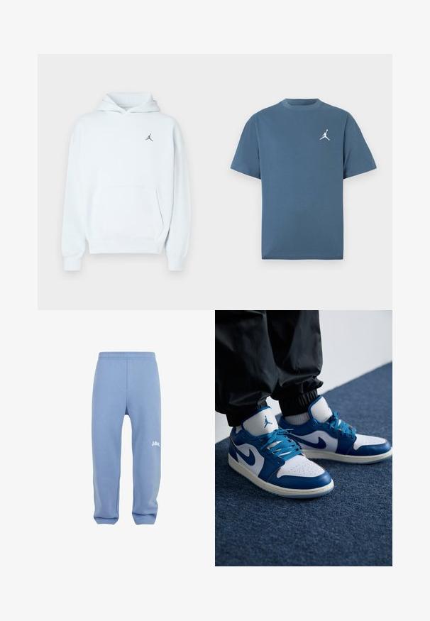 Vaaleansininen huppari, joka on valmistettu pehmeästä kankaasta. Siinä on kenguru-tasku, kiristysnyörillä varustettu huppu ja pieni musta Jumpman-logo rinnassa.; Vaaleansininen puuvillainen t-paita, jossa on klassinen pyöreä pääntie ja lyhyet hihat, vasemmassa rinnassa valkoinen Air Jumpman -logo.; Vaaleansiniset verkkohousut, joissa on joustava vyötärö, kapenevat lahkeet ja valkoinen logo vasemmassa reidessä. Valmistettu pehmeästä, teksturoidusta kankaasta.; Nike Air Jordan tennarit ovat valkoiset nahkapohjaiset, joissa on siniset synteettiset yksityiskohdat, rei'itetty varvasosa ja siniset nauhat.