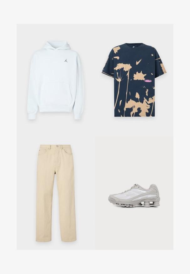 Svetlomodrá mikina s kapucňou vyrobená z mäkkej tkaniny, s kengurou vreckom, šnúrkou na kapucni a malým čiernym logom Jumpman na hrudi.; Tmavomodré tričko Nike s krátkym rukávom, béžovými kvetinovými tie-dye vzormi a malým ružovým logom Nike na prednej dolnej pravej strane.; Béžové bavlnené nohavice s rovnými nohami, zapínanie na gombík, päť vreciek a nenápadné prešívanie. Hladká textura a minimálne detaily.; Šedá a biela športová teniska s viditeľnou podrážkou s vzduchovou vložkou a sieťovinovými panelmi, zobrazená v profile na jednoduchom svetlom pozadí.