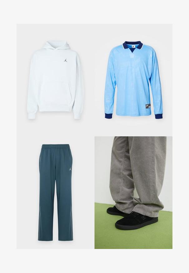 Hellblauer Hoodie aus weichem Stoff mit Kängurutasche, Kapuze mit Kordelzug und kleinem schwarzem Jumpman-Logo auf der Brust.; Hellblauses Langarm-Polohemd mit marineblauem Kragen und Bündchen, das ein dezentes Allover-Muster und Nike-Logoprint am unteren Saum aufweist.; Dunkel-tealfarbene Sporthose mit elastischem Bund, zwei Seitentaschen, weißen Seitenstreifen und einem kleinen Logo am linken Oberschenkel.; Schwarze Wildleder-Skate-Schuhe mit strukturiertem Finish und einem Logo, kombiniert mit grauen Cordhosen, die eine gerippte Textur aufweisen. Grüner Fußboden.