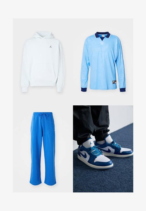 Hellblauer Hoodie aus weichem Stoff mit Kängurutasche, Kapuze mit Kordelzug und kleinem schwarzem Jumpman-Logo auf der Brust.; Hellblauses Langarm-Polohemd mit marineblauem Kragen und Bündchen, das ein dezentes Allover-Muster und Nike-Logoprint am unteren Saum aufweist.; Jordan PANT - Jogginghose - sport blue/white; Die Nike Air Jordan Sneakers verfügen über eine weiße Lederbasis mit blauen synthetischen Akzenten, einer perforierten Zehenbox und blauen Schnürsenkeln.