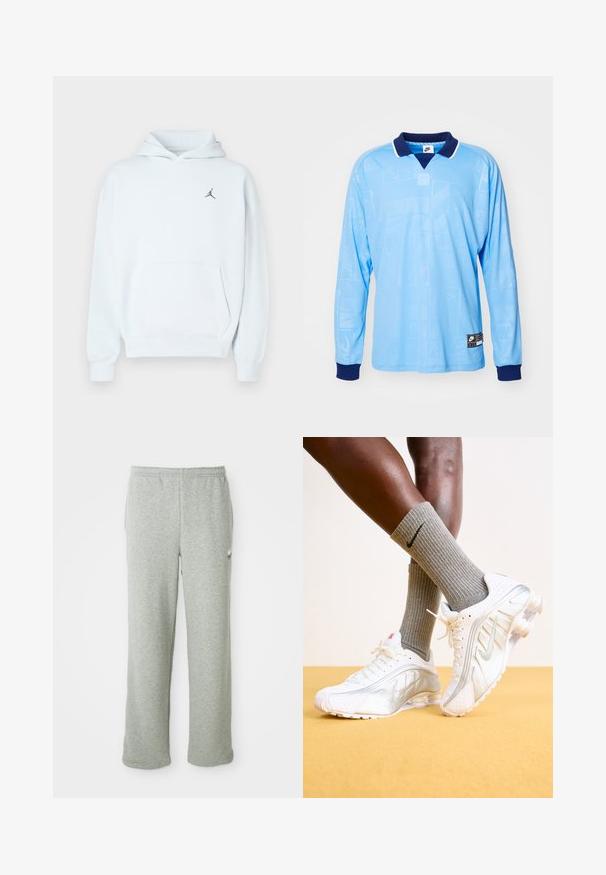Lyseblå hættetrøje lavet af blødt stof med kengurulomme, snøre i hætten og et lille sort Jumpman-logo på brystet.; Lyseblå langærmet polo trøje med marineblå krave og manchetter, med et diskret all-over mønster og Nike-logo på den nederste kant.; Grå sweatpants lavet af blødt bomuldsblandingsstof, med elastisk talje, lige ben-design og et lille logo på venstre side.; Nike sneakers i hvid med sølv accenter, der har teksturerede paneler og perforeringer. Sammen med grå ribbede sokker, sat mod en gul baggrund.