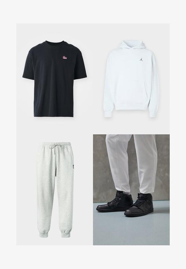 Sweat à capuche bleu clair en tissu doux avec une poche kangourou, une capuche à cordon de serrage, et un petit logo Jumpman noir sur la poitrine.; T-shirt en coton noir à manches courtes, col rond, avec un petit logo de basket rouge brodé sur la poitrine gauche. Texture lisse et design minimal.; Pantalon de survêtement gris clair en matériau doux avec taille élastique, cordon de serrage et poignets côtelés ; présente un petit logo sur le côté.; Des baskets montantes noires en cuir lisse, à bout rond et à lacets ; associées à un pantalon blanc fuselé, présentées sur un sol texturé.