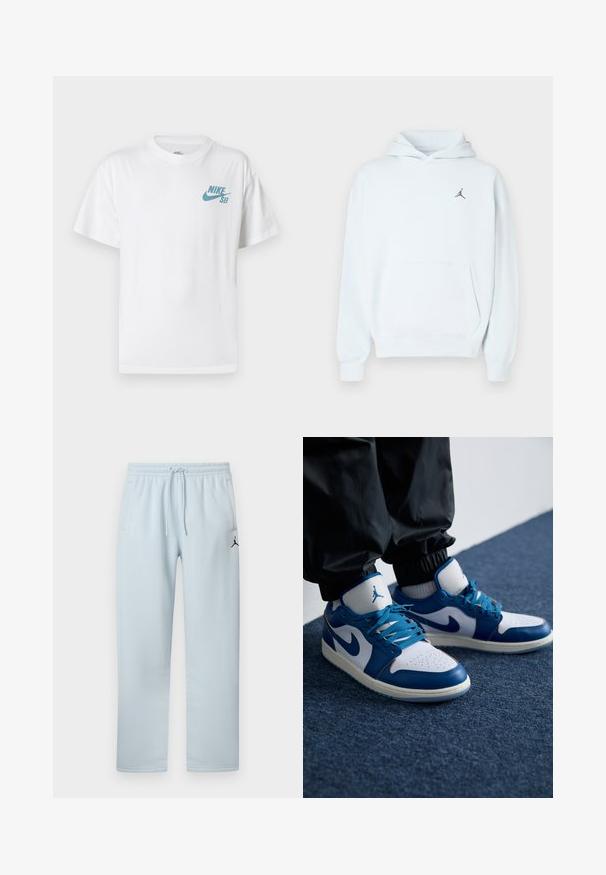 Sweat à capuche bleu clair en tissu doux avec une poche kangourou, une capuche à cordon de serrage, et un petit logo Jumpman noir sur la poitrine.; T-shirt en coton blanc avec un logo Nike SB bleu clair sur la poitrine côté gauche. Manches courtes et col rond classique.; Pantalon de survêtement bleu clair en tissu doux, avec une ceinture élastique à cordon, deux poches latérales et un accent logo noir.; Les baskets Nike Air Jordan présentent une base en cuir blanc avec des accents en synthétique bleu, une boîte à orteils perforée et des lacets bleus.
