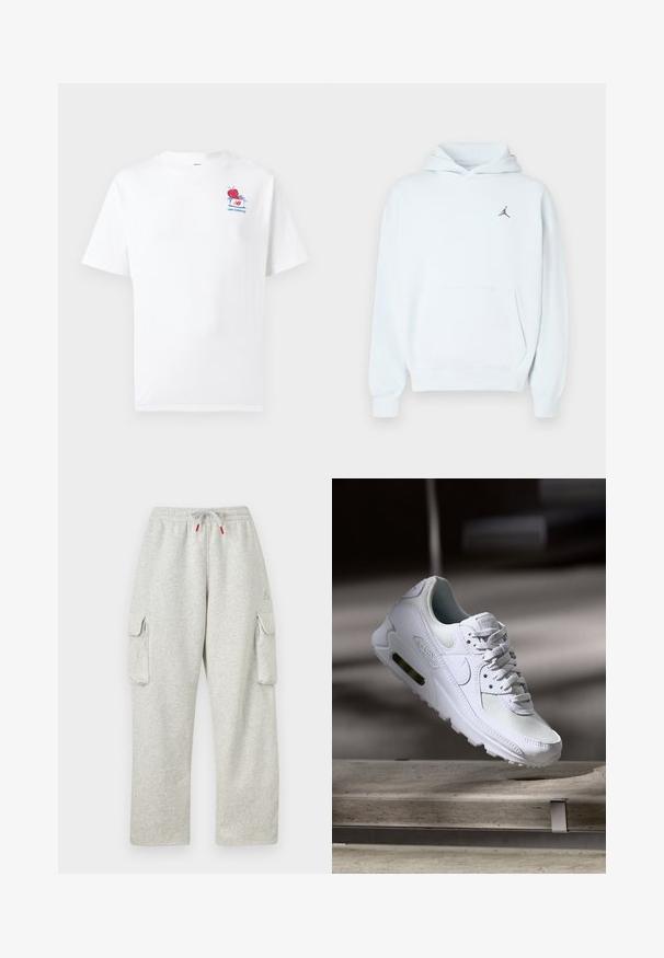 Svetlo modra jopa iz mehke tkanine z žepom kenguru, kapuco z vrvico za zategovanje in majhnim črnim logotipom Jumpman na prsnem delu.; Bela bombažna majica s kratkimi rokavi, okroglim izrezom in barvnim motivom vrtnice ter napisom na levi strani prsnega koša.; Svetlo sive trenirke z elastičnim pasom, z vrvico z rdečimi konicami in velikimi poklopnimi žepi na obeh stegnih.; Bela Nike Air Max 90 športna obutev z mrežastim in usnjenim zgornjim delom, perforiranim prstnim delom in vidno zračno enoto v peti.