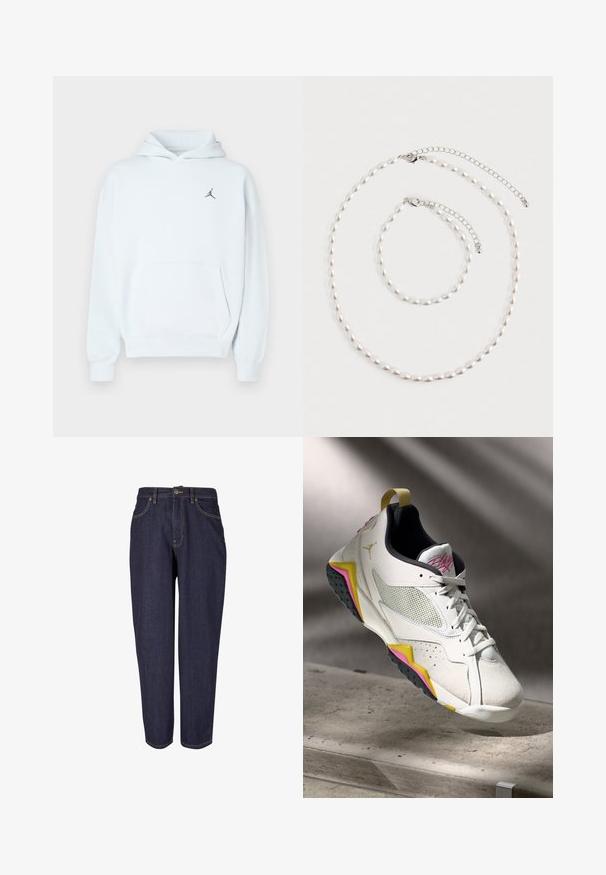 Lyseblå hættetrøje lavet af blødt stof med kengurulomme, snøre i hætten og et lille sort Jumpman-logo på brystet.; Mørk denim jeans med lige ben design, der har traditionel fem-lomme stil, subtil guld syning og metal knaplukning.; Hvide og sorte sneakers med gule og lyserøde accenter, der svæver over en betonoverflade, med mesh-panel og guld Jumpman-logo.; Perle halskæde og matchende armbånd med sølv kæde låse arrangeret på en hvid baggrund.