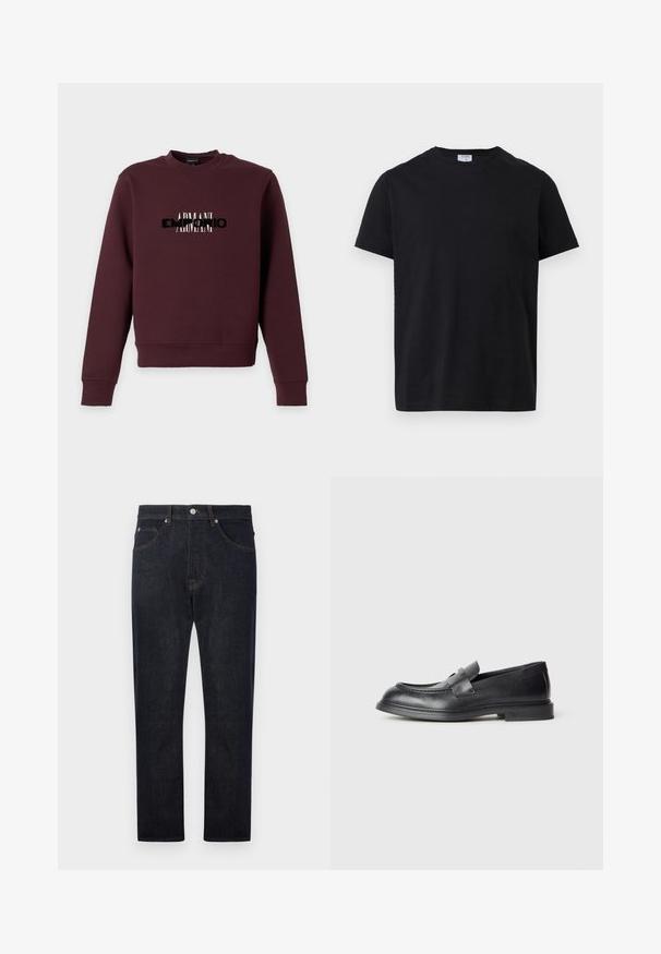 Bordeauxrotes Sweatshirt mit langen Ärmeln und schwarzem sowie weißem überlappendem "ARMANI" Textlogo auf der Brust, Rundhalsausschnitt sowie gerippten Bündchen und Saum.; Schwarzes T-Shirt mit kurzen Ärmeln und Rundhalsausschnitt, mit einem kleinen weißen Etikett innen am Kragen, flach auf einem weißen Hintergrund liegend dargestellt.; Dunkelblaue Denim-Jeans mit geradem Bein, ausgestattet mit fünf Taschen, kontrastierenden orangen Nähten und einem Knopfverschluss an der Taille.; Schwarze Lederloafer mit strukturierter Oberfläche, versehen mit einem dekorativen Frontriemen und einer abgerundeten Spitze. Gummisohle für Langlebigkeit.