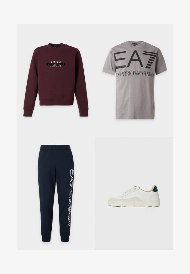 Tmavohnedá mikina s dlhým rukávom s čiernym a bielym prekrytým "ARMANI" textovým logom na hrudníku, s okrúhlym výstrihom a rebrovanými manžetami a spodným lemom.; Sivé tričko s krátkym rukávom s veľkým čiernym textom "EA7" a menším textom a logom "Emporio Armani" na hrudi.; Tmavomodré teplákové nohavice vyrobené z mäkkého materiálu, s elastickým pásom a manžetami. Výrazný grafický print na ľavej nohe.; Biele tenisky s semišovými akcentmi, zaoblenou špičkou, plochými šnúrkami a krémovou gumovou podrážkou. Na päte sú zelené značky.