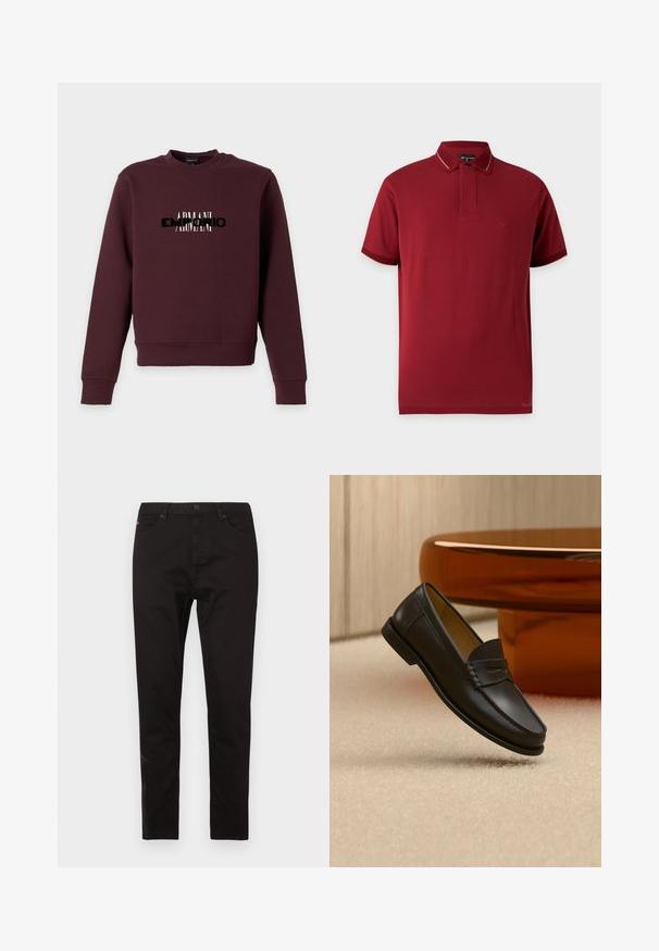 Sweat-shirt bordeaux à manches longues avec logo texte "ARMANI" superposé noir et blanc sur la poitrine, col rond, poignets et ourlet côtelés.; Polo manches courtes bordeaux avec col et bords des manches côtelés, avec un logo discret sur la poitrine gauche.; Pantalon noir en tissu mélange de coton. Coupe slim avec design à cinq poches, doté d'une fermeture à bouton et zip sur le devant.; Chaussure mocassin en cuir noir suspendue au-dessus d’un tapis beige avec du mobilier moderne couleur ambre en arrière-plan.