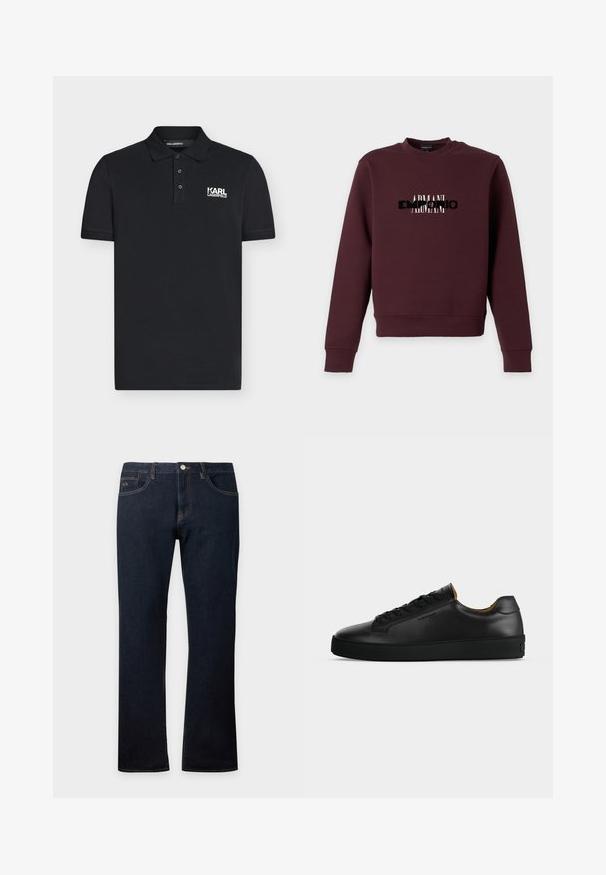 Sweat-shirt bordeaux à manches longues avec logo texte "ARMANI" superposé noir et blanc sur la poitrine, col rond, poignets et ourlet côtelés.; Polo noir à manches courtes avec trois boutons et logo blanc "KARL LAGERFELD" sur la poitrine gauche.; Jean en denim bleu foncé coupe droite avec poches avant et arrière, coutures visibles et fermeture par bouton à la taille.; Basket basse en cuir noir avec lacets noirs, semelle en caoutchouc texturée et petit logo embossé sur le côté, présenté de profil sur fond gris.
