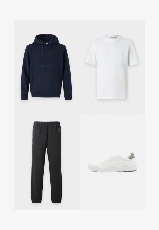 Marineblå hættetrøje i bomuldsblanding med snorhette, forlommer, ribbede manchetter og kant. Glat tekstur, afslappet design.; Hvid kortærmet t-shirt i vaffelmønster med rund hals og et lille mærke med brandnavn inde i kraven, vist på en ensfarvet baggrund.; Grå sweatpants lavet af blødt stof, med elastisk talje og indsnævrede ben med elastiske manchetter. Subtilt logo detalje på det ene ben.; Hvid sneaker lavet af glat læder, rund tå, minimalistisk design, grå hælafsats og tekstureret gummisål.