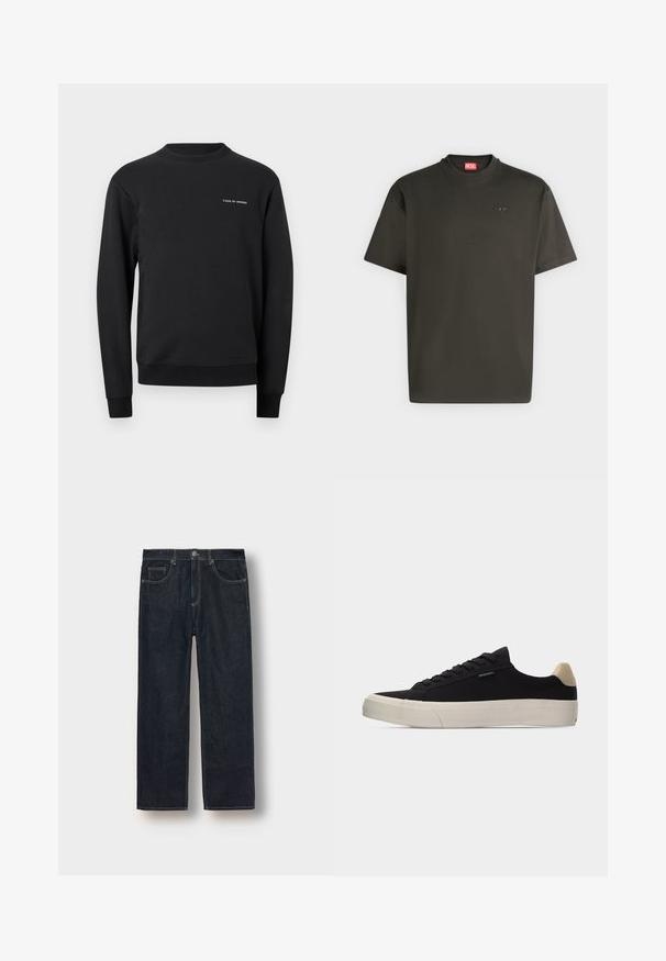 Zwarte longsleeve sweater met ronde hals, geribbelde manchetten en zoom, met kleine witte tekst "Tiger of Sweden" op de linkerborst.; Effen zwart T-shirt met korte mouwen en ronde hals, met een klein logo van het merk op de linkerborst en een rood label aan de binnenkant van de halslijn.; Donkerblauwe straight-leg jeans van denimstof, met riemlussen, voorkanten en contrasterende stiksels. Minimalistisch ontwerp zonder versieringen.; Zwarte lage sneaker met beige hielstuk, dikke witte rubberen zool, zwarte veters en een klein "PS Paul Smith" label aan de zijkant.