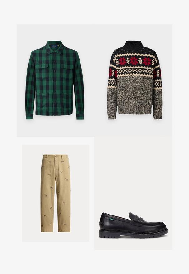 Strikket sweater i sort, creme og rød med høj krave, prydet med snefnug- og geometriske mønstre samt knapdetaljer på skulderen.; Grøn- og sortternet skjorte lavet af stof med knaplukning foran, to brystlommer og lange ærmer med knapmanchetter.; Beige fløjlsbukser med broderede hundemotiver, lige ben, fem lommer og knaplukning foran.; Sort læderloafer med tyk, mønstret sål og lille grøn "Polo"-mærke på ydersiden nær hælen.