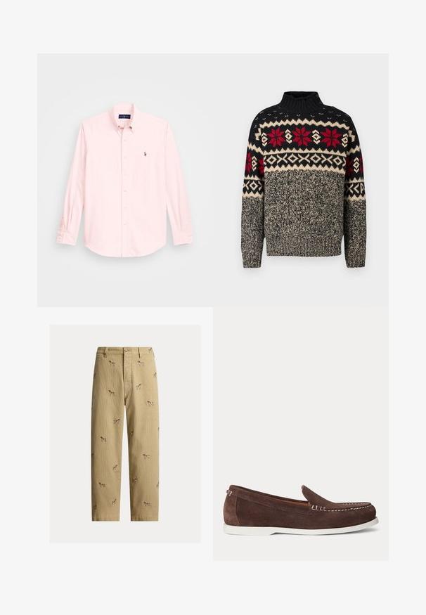Gebreide trui in zwart, crème en rood met een hoge kraag, voorzien van sneeuwvlok- en geometrische patronen, en knoopaccenten op de schouder.; Lichtroze overhemd met lange mouwen en een button-down kraag, voorzien van een klein geborduurd logo op de linkerborst, gemaakt van een soepele katoenstof.; Beige ribfluwelen broek met geborduurde hondendesigns, rechte pijp, en vijfzakkenstijl met een knoopsluiting aan de voorkant.; Bruine suède loafer met witte stiksel en witte rubberen zool, gezien van de zijkant op een lichte achtergrond.