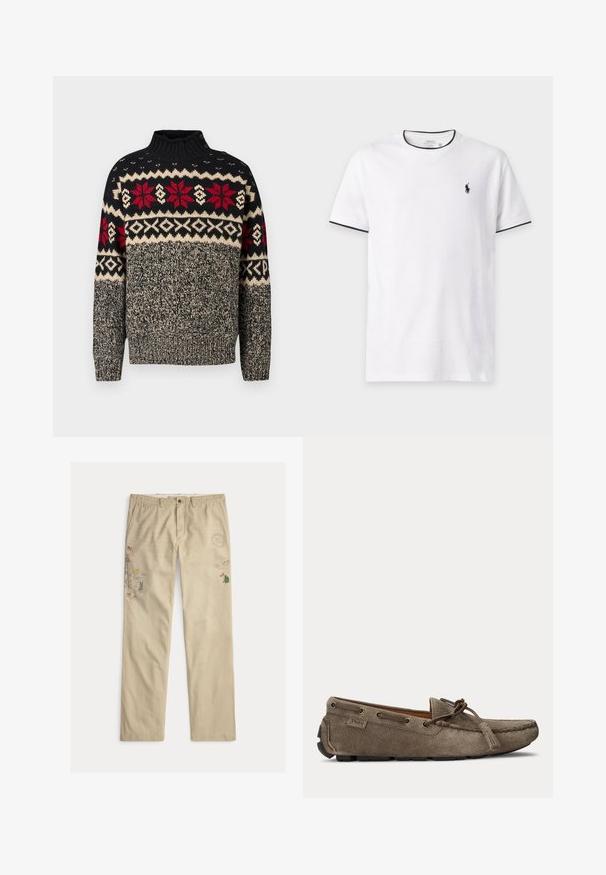 Strikket sweater i sort, creme og rød med høj krave, prydet med snefnug- og geometriske mønstre samt knapdetaljer på skulderen.; Hvid T-shirt med korte ærmer og sort kant ved krave og ærmer, med et lille sort Polo Ralph Lauren logo på venstre bryst.; Beige bomuldsbukser med broderede motiver, herunder træer og bjerge, med knaplukning og bæltestropper.; Lysebrun ruskindsslipper med snøre- og duskedetalje, syet moc-tå og gummiydersål, sidevisning.